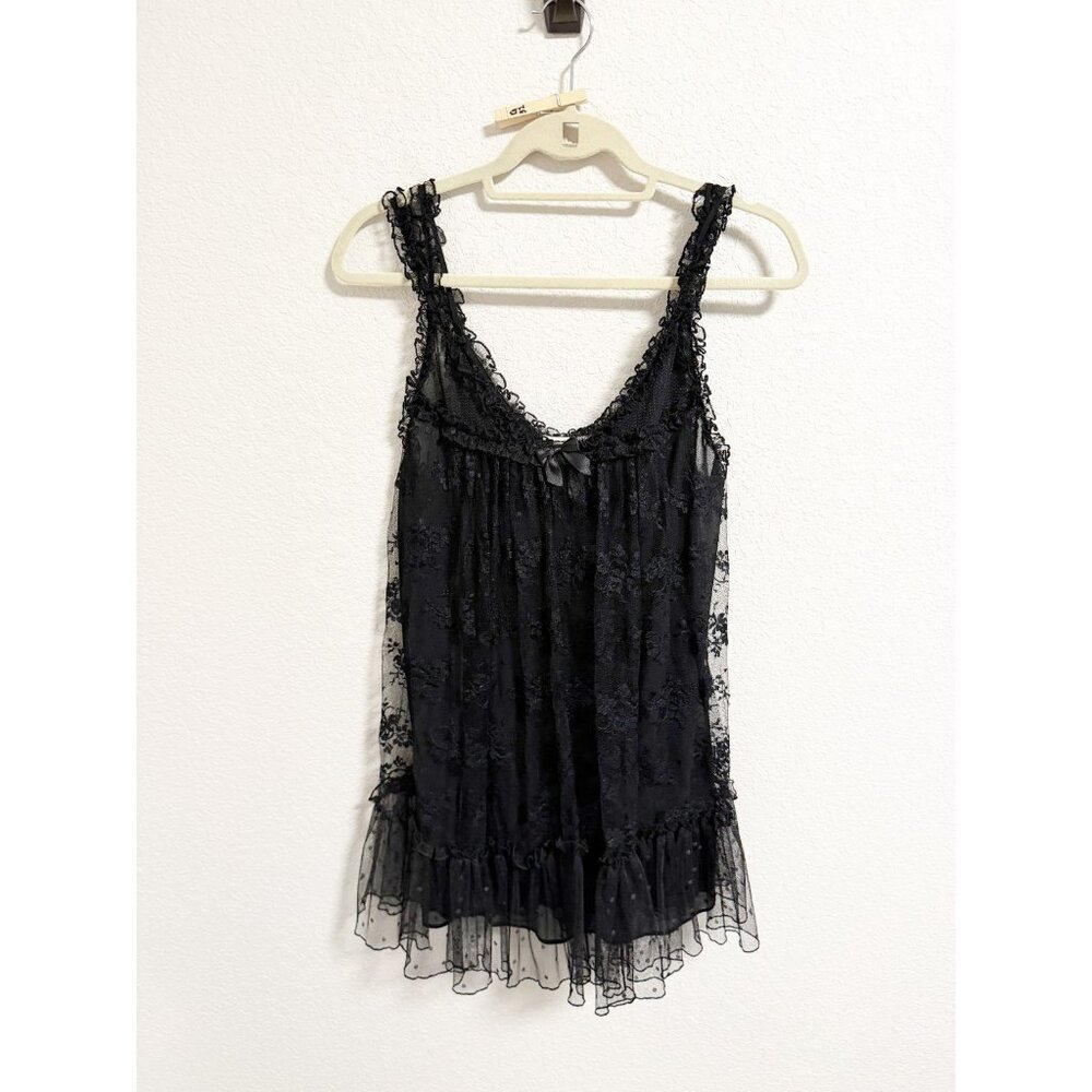 Oscar De La Renta Y2K VIntage Pink Label Black Lace Ruffle Babydoll Slip Dress L